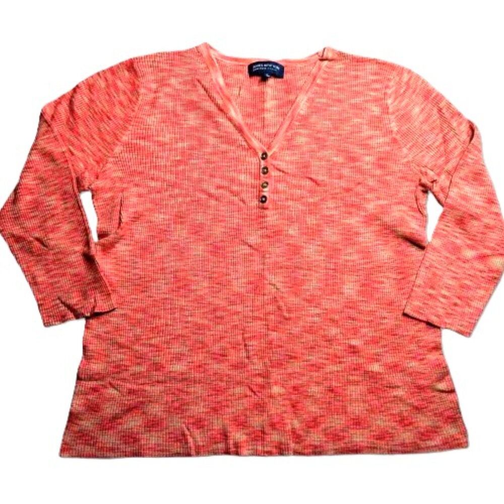 Jones New York Signature Woman Top 1X Orange Beige Ribbed Knit V-Neck 3/4 Sleeve